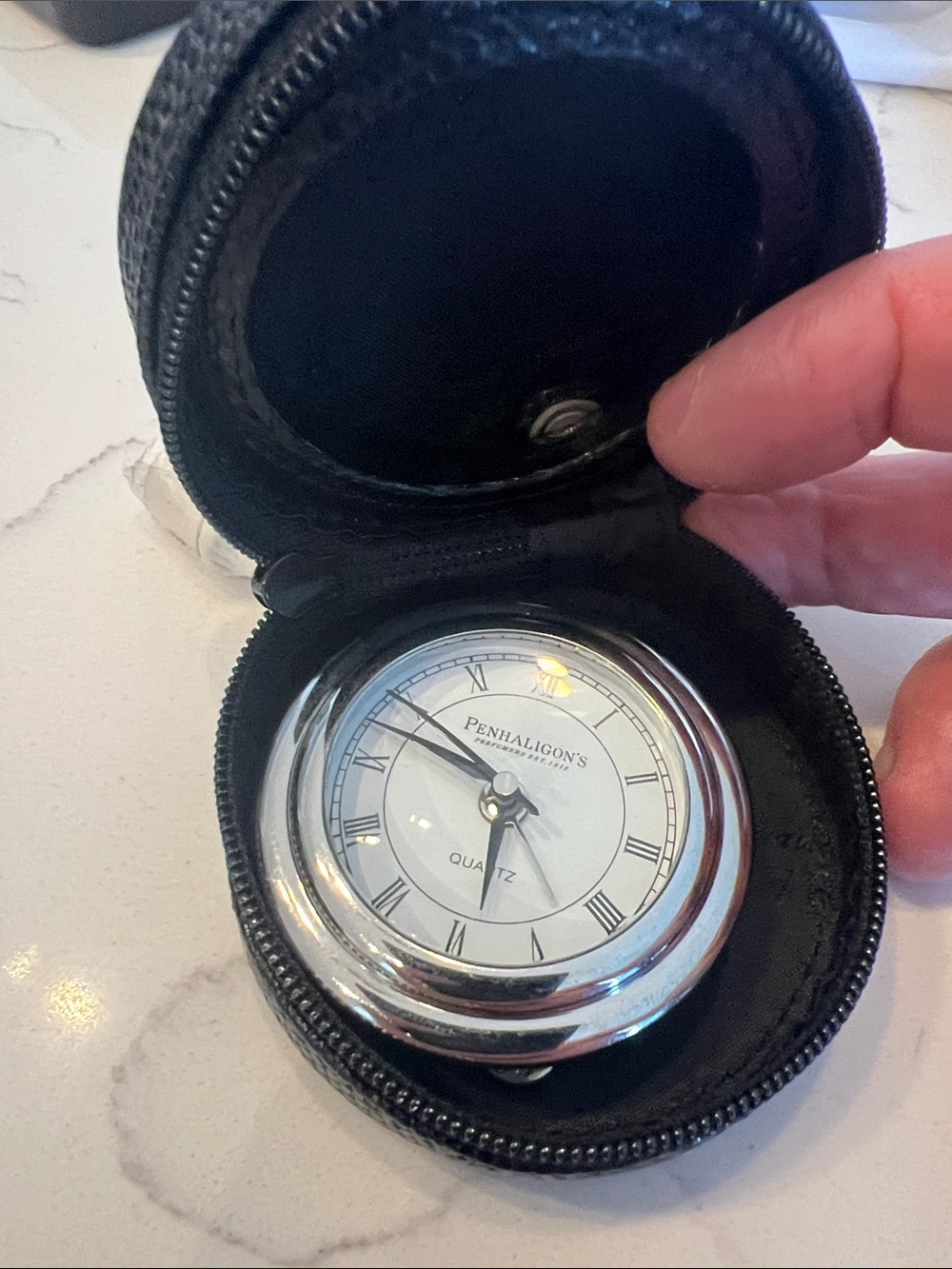 Penhaligon's Silver Pocket Clock with Black Zip Case